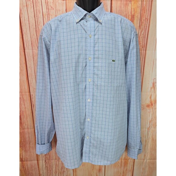 Lacoste Mens Slim Fit Button-Down Shirt Size 46 Cotton Blue Plaid Long Sleeve - Picture 1 of 7
